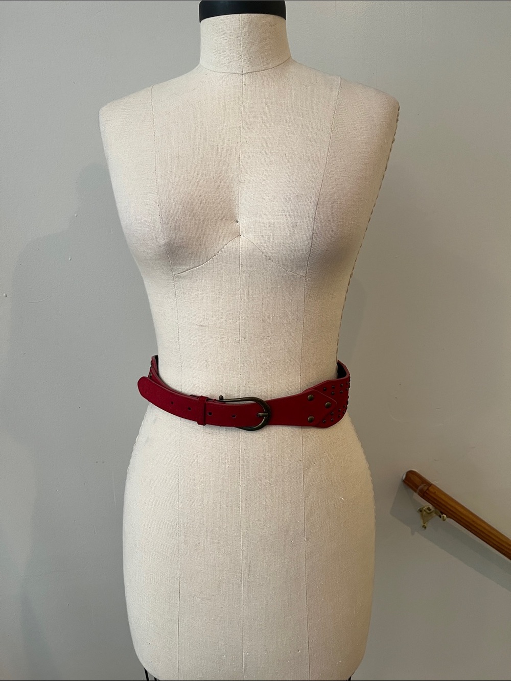Anthropologie red suede leather belt M studded brass buckle